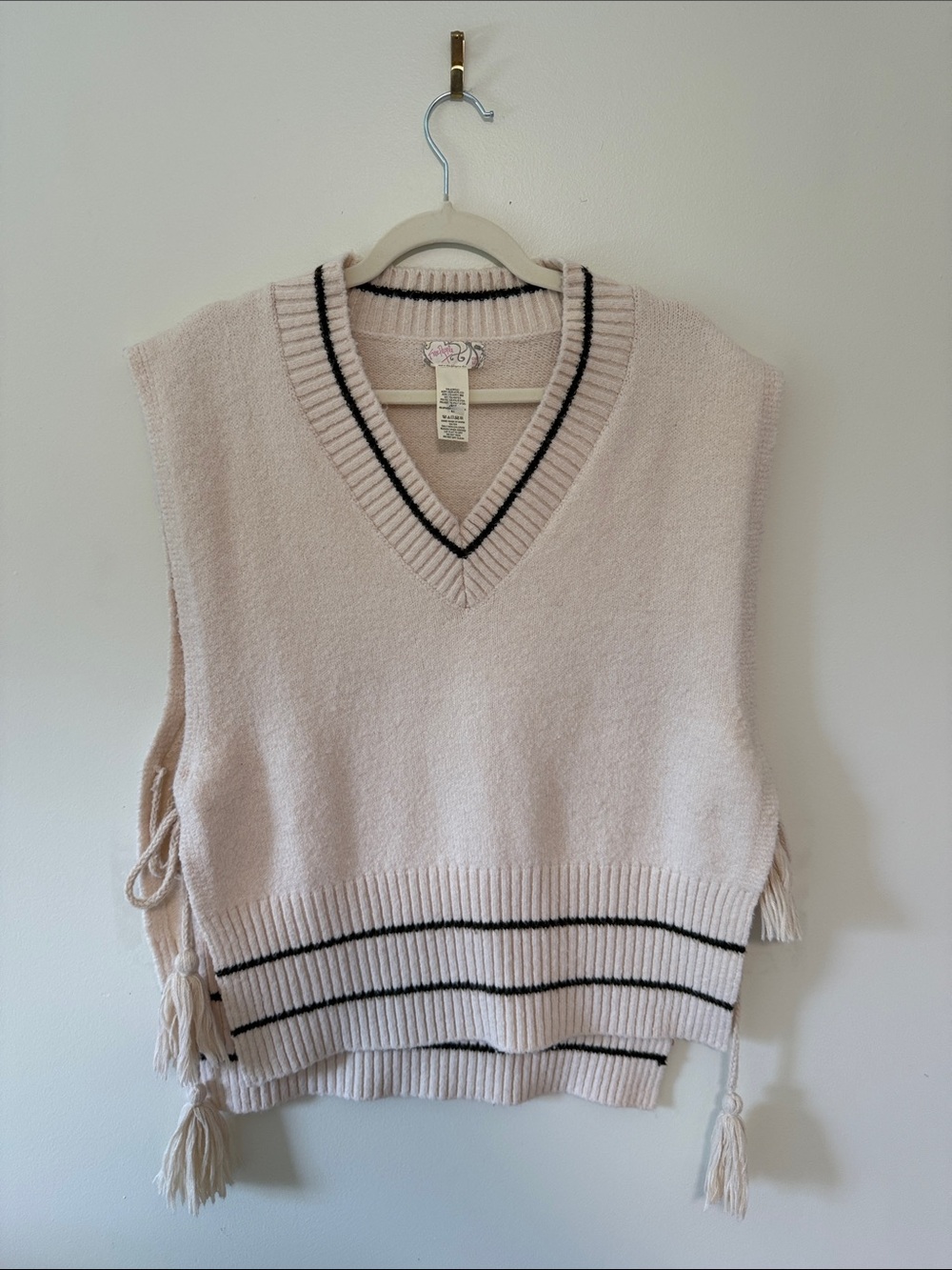 Rare Free People Cream V-Neck Sweater Vest with Olive Green Trim